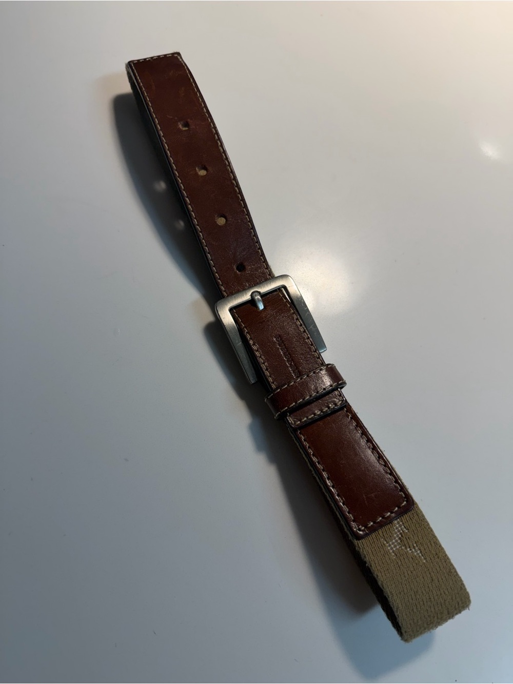 Burberry Brown Leather Belt with Tan Canvas Tip and Silver Buckle